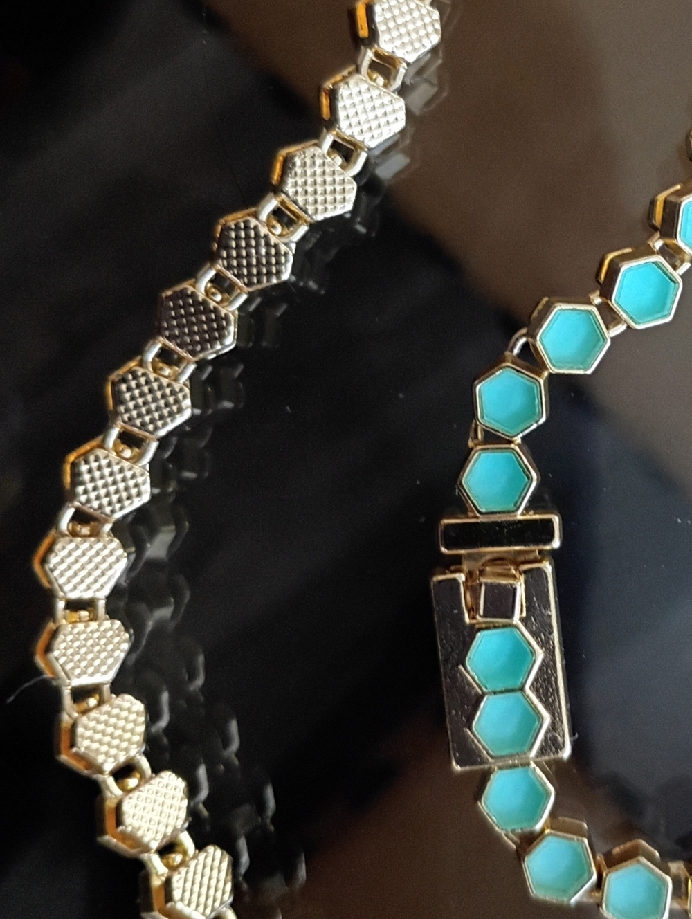 Gold-Tone Necklace with Turquoise Hexagon Inlays - Women Jewelry